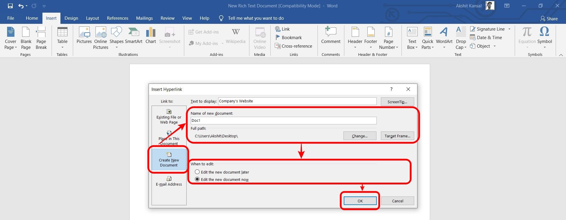 create a hyperlink in word 2013