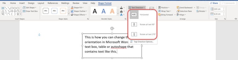 font orientation in word