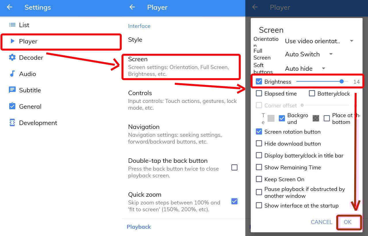 How to increase brightness in MX Player?