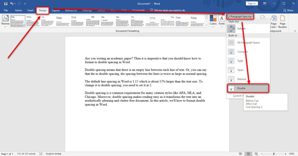 How to format to double spacing in Word?