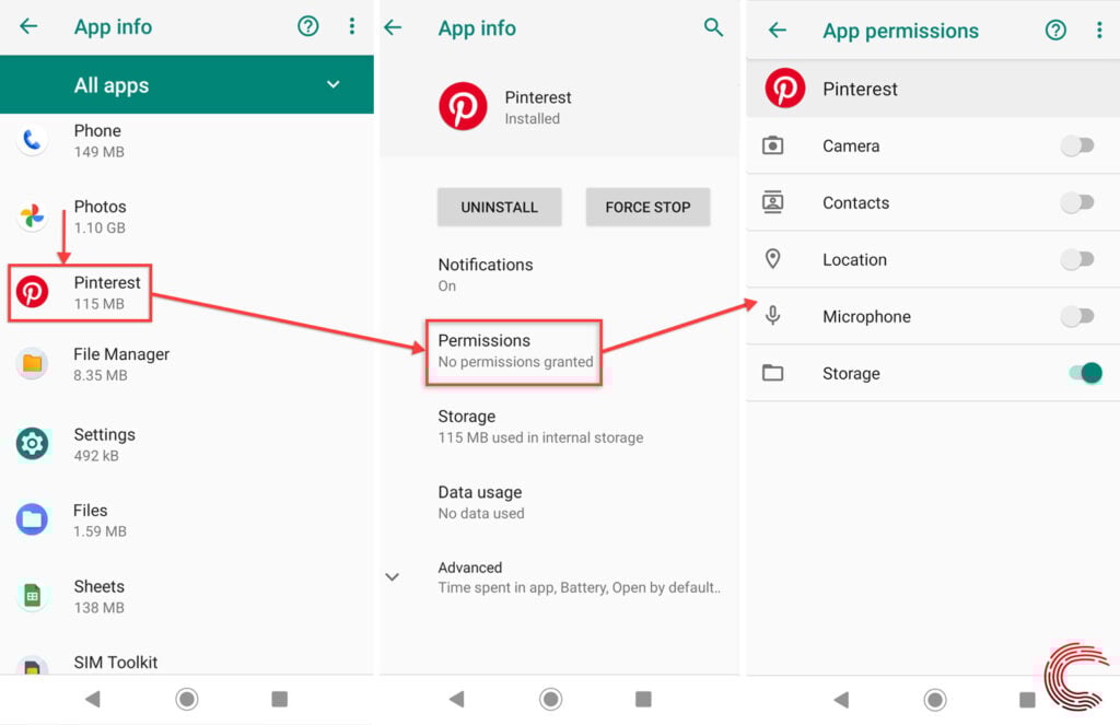 Why is Pinterest not working? 7 This is an image of open pinterest app permissions tab on android mobile