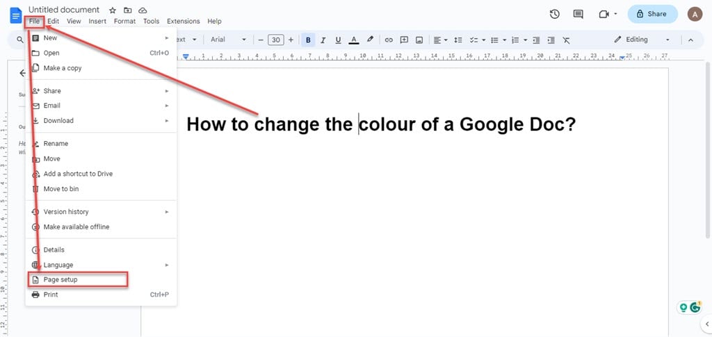 How to change the colour of a Google Doc? 1 This is an image of change colour of google docs on pc ss1