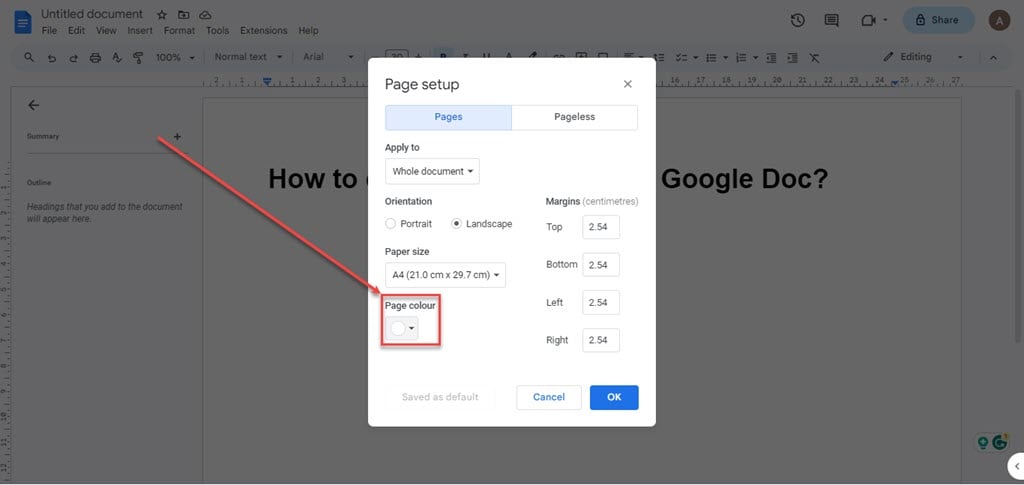 How to change the colour of a Google Doc? 2 This is an image of change colour of google docs on pc ss2
