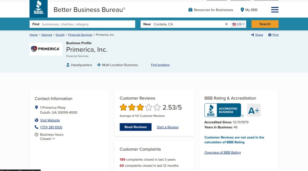 This is an image of screenshot primerica rating better business bureau