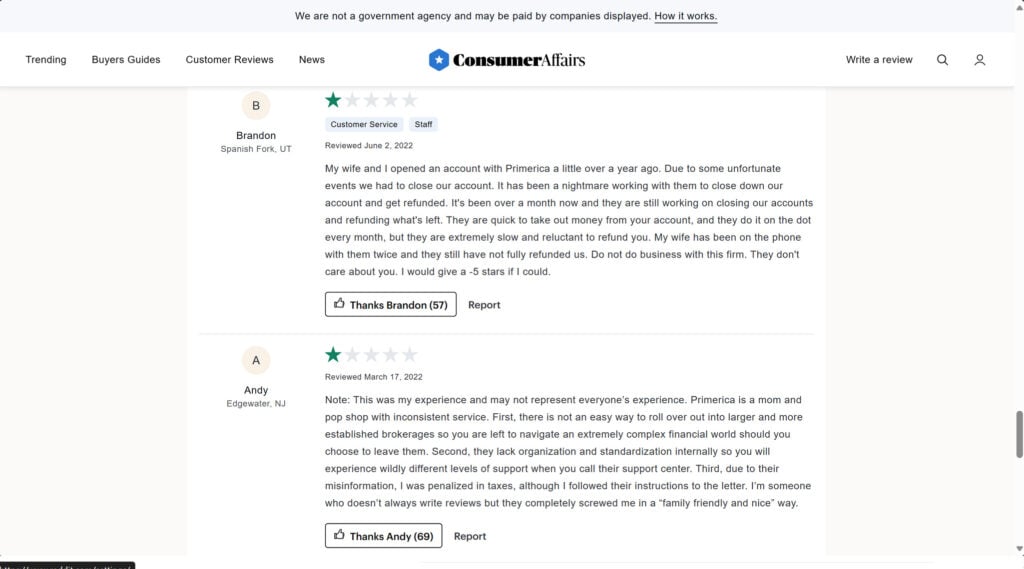 This is an image of screenshot primerica reviews consumer affairs