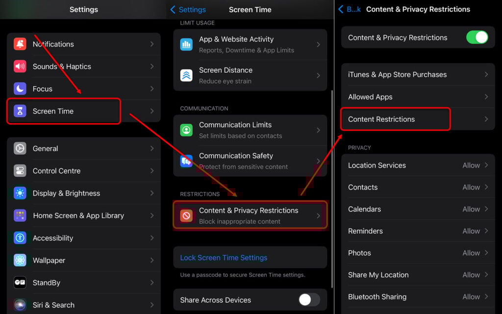 How to get out of incognito mode on iPhone? 2 This is an image of contentrestrictionsiphone ss1
