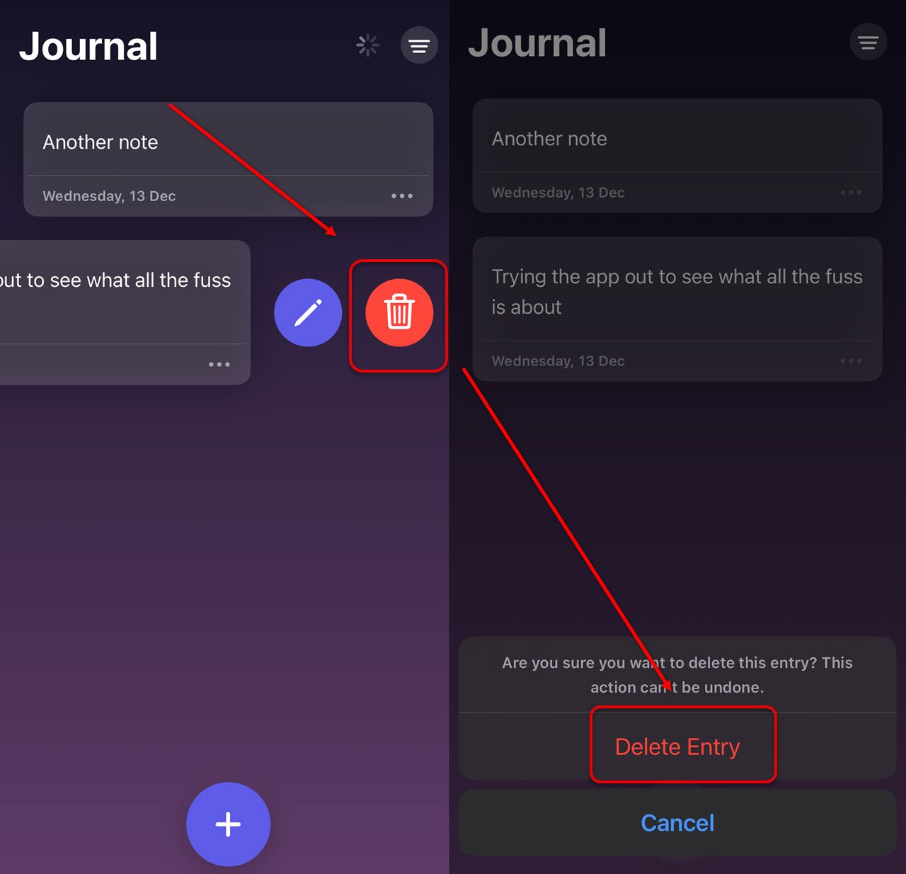 How to delete an entry in the Journal app?