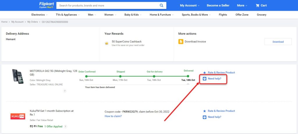This is an image of flipkartneedhelp orderhistory ss1