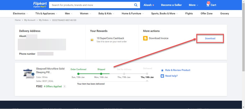 How to download the invoice on Flipkart? 4 This is an image of downlaod invoice flipkart web ss4