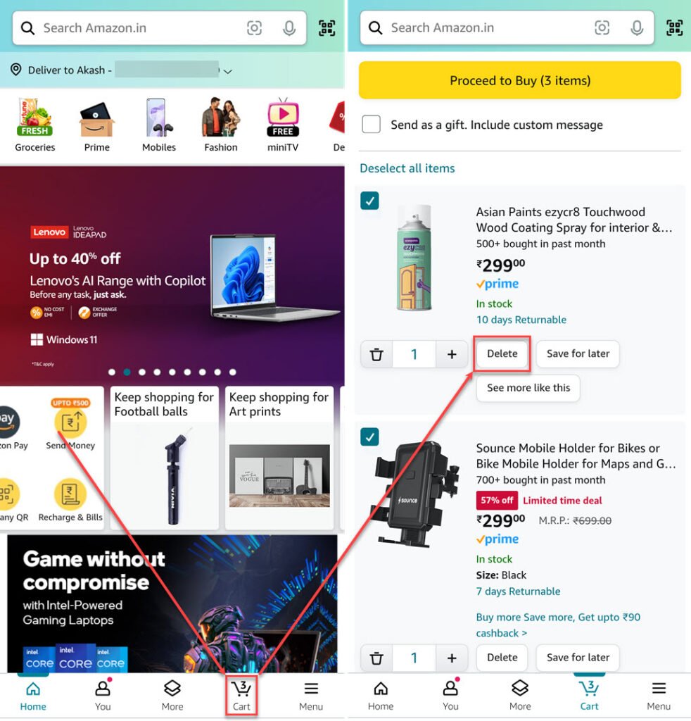 How to empty the cart on Amazon?