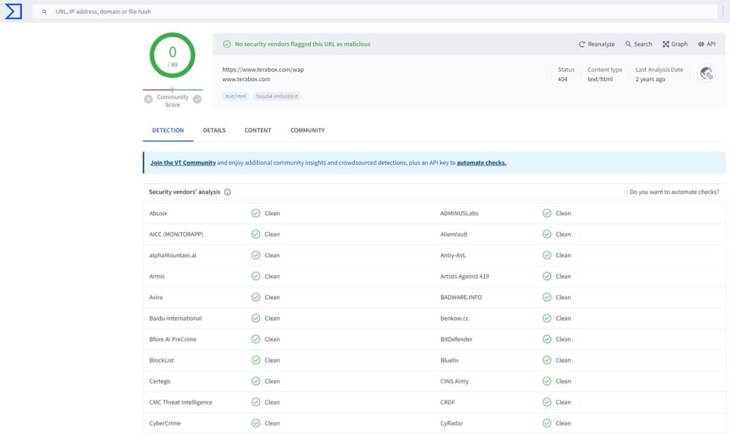 Is Terabox safe? 1 This is an image of teraboxvirustotal ss1