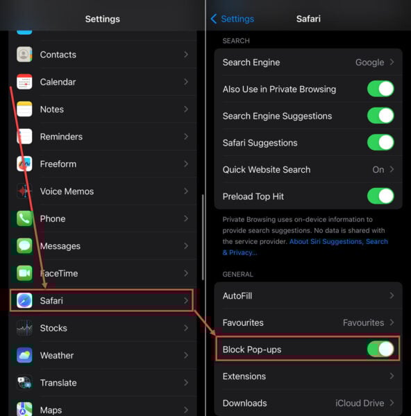This is an image of block pop ups safari ios ss