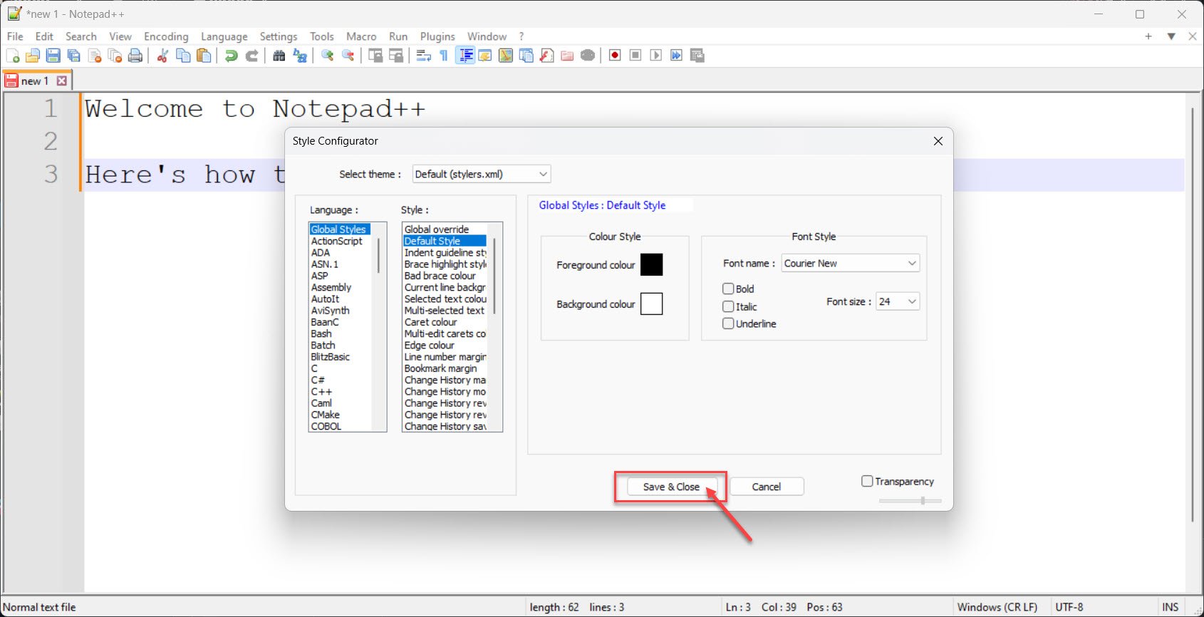 How to change font in Notepad++?
