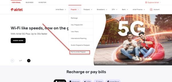 This is an image of port airtel prepaid to postpaid website ss2