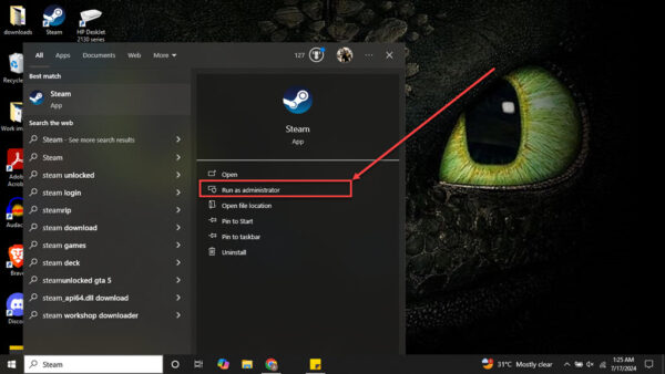 This is an image of run steam as administrator ss