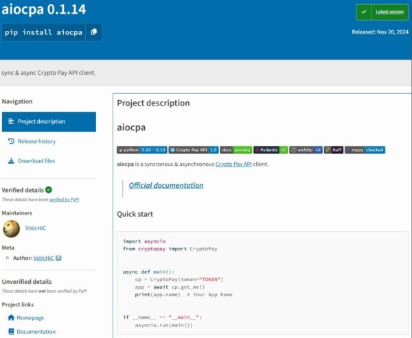 This is an image of aiocpa python pypi attack ss1