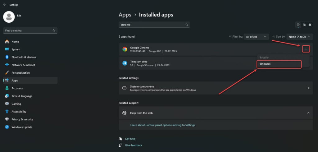 This is an image of uninstall googlechrome ss1