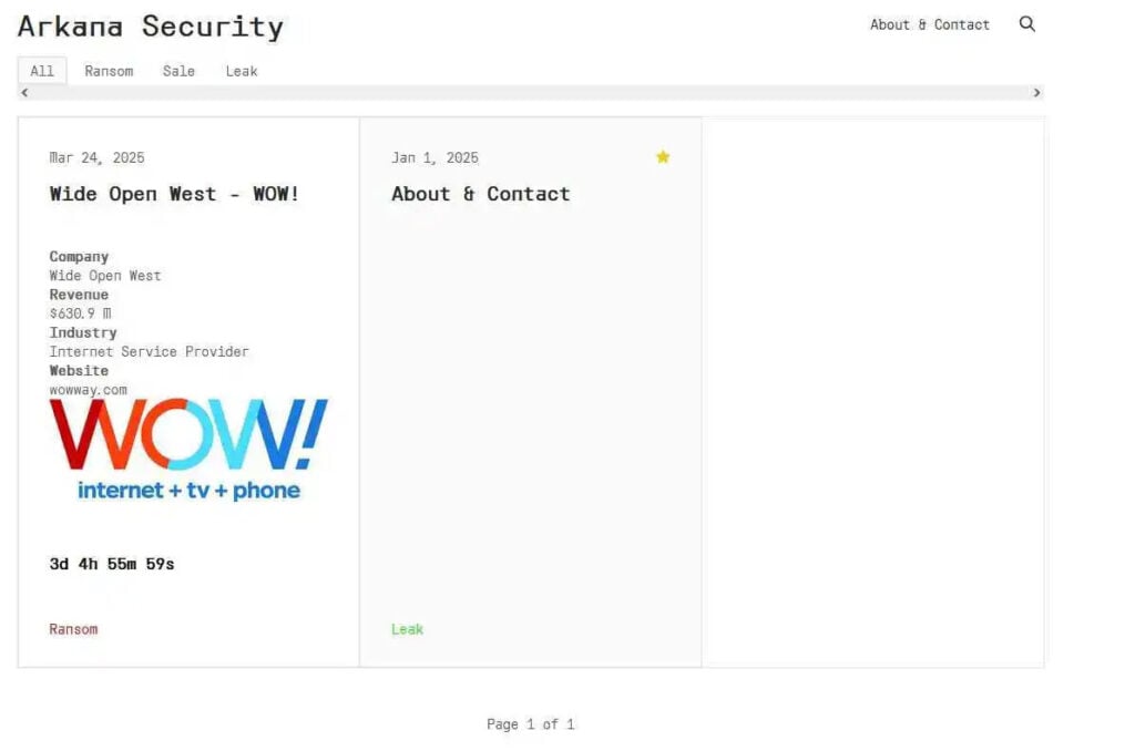 Novel ransomware group attacks US telco WideOpenWest 1 This is an image of arkana website