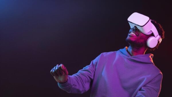 This is an image of portrait young african american man with vr glasses